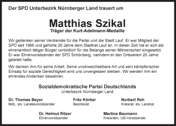 Traueranzeige von Matthias Szikal von Pegnitz-Zeitung